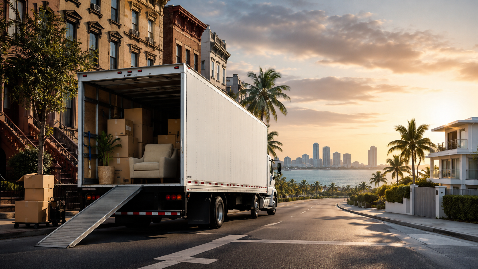 Professional moving truck relocating a household from New York to Florida